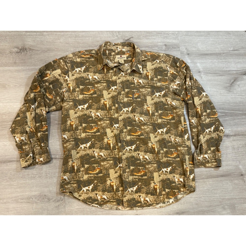 Woolrich Mens L Twig Pheasant & Dog Print Button Up Long Sleeve Hunting Shirt‎